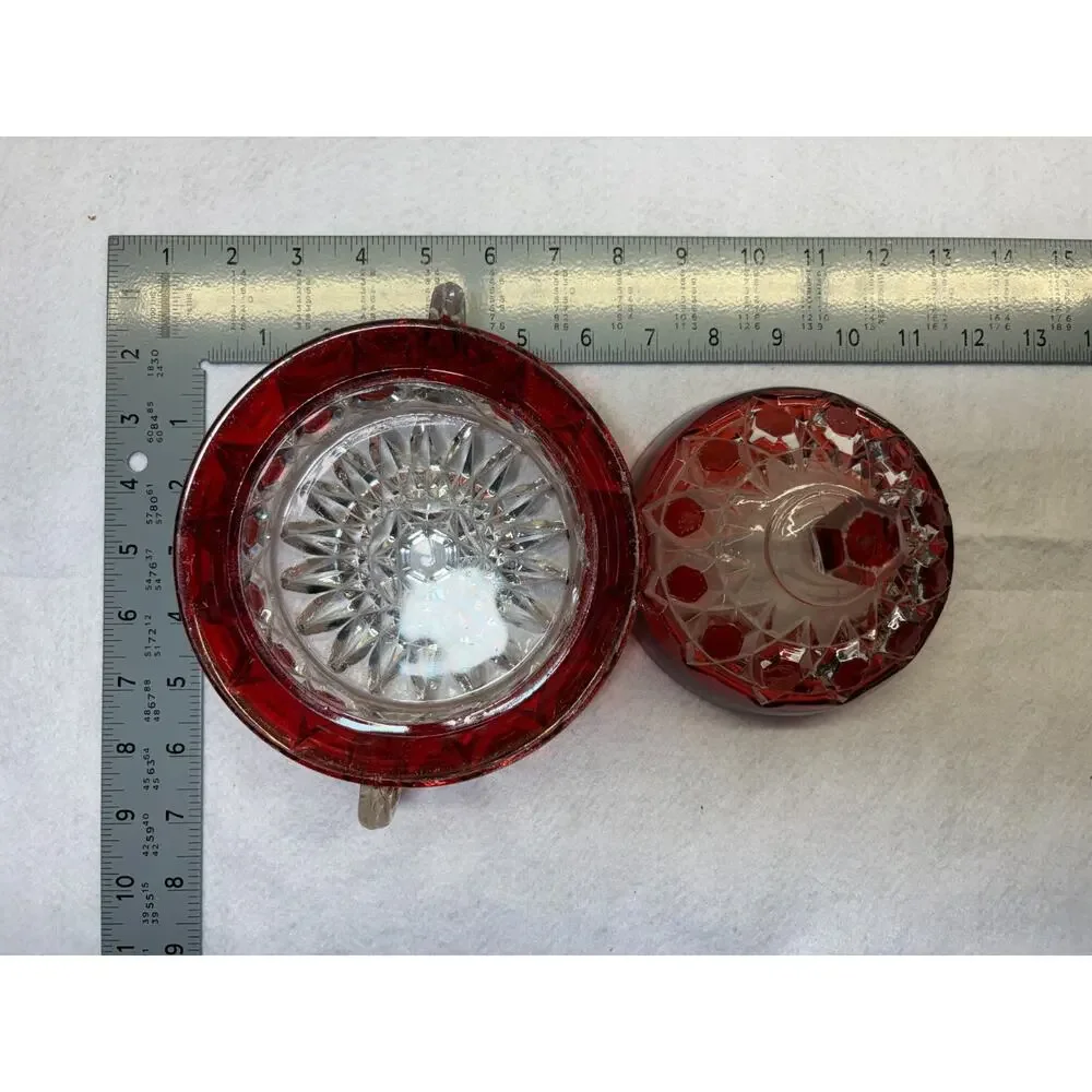 Ruby Stained Pressed Glass Covered Dish Vintage Two Handle Geometric Pattern